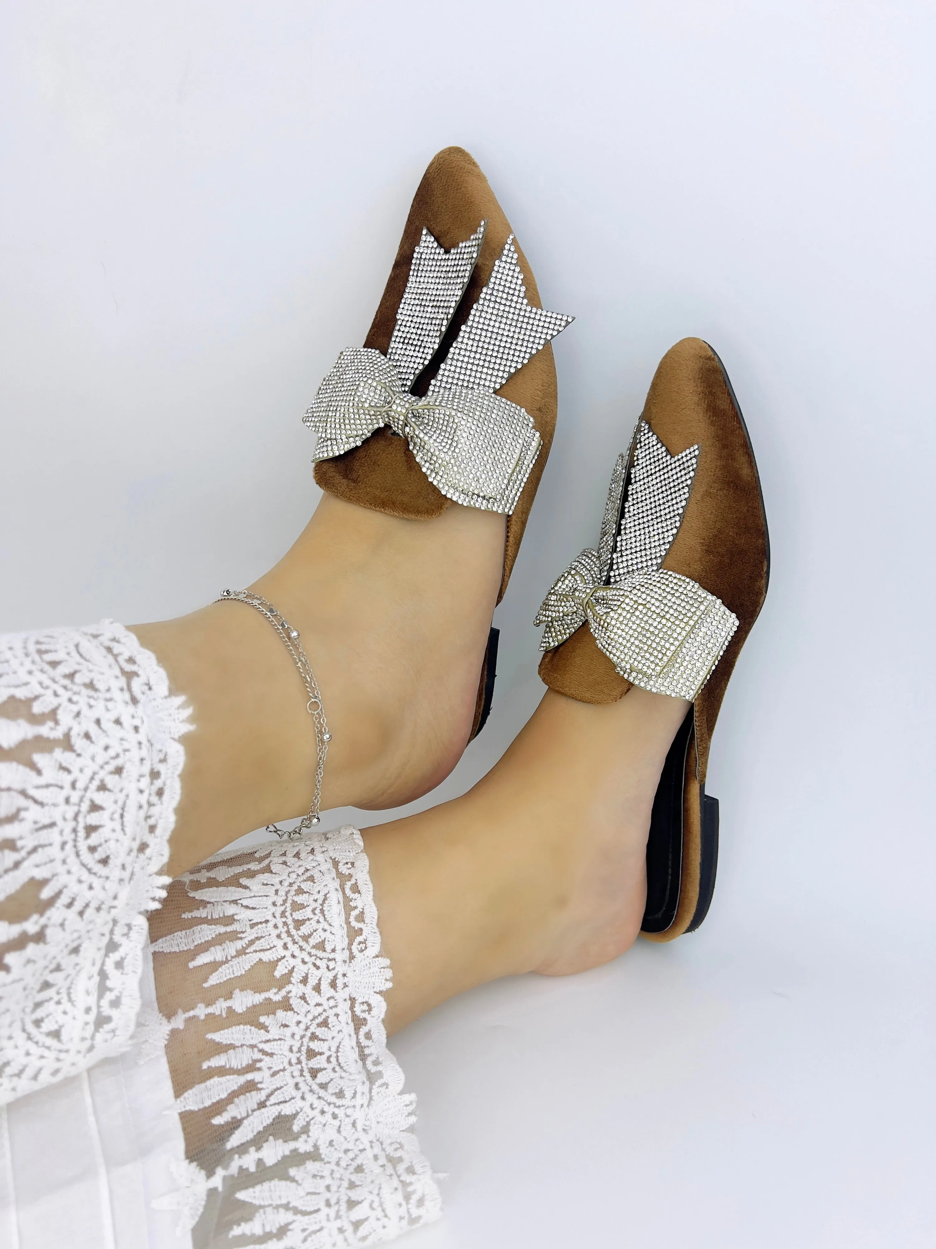 Annabel Chocolate Brown Crystal mesh bow Velvet Mules