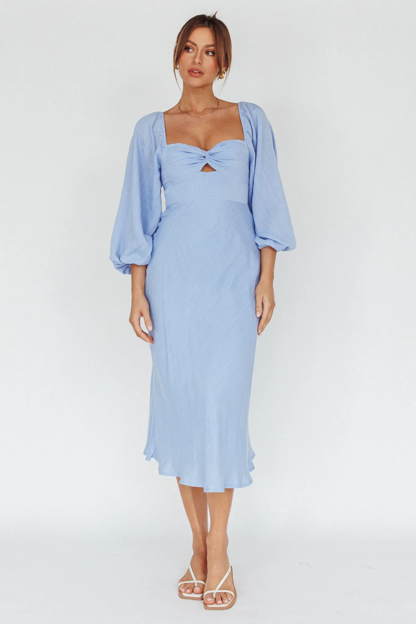 Betina Twist Bust Long Sleeve Midi Dress Blue