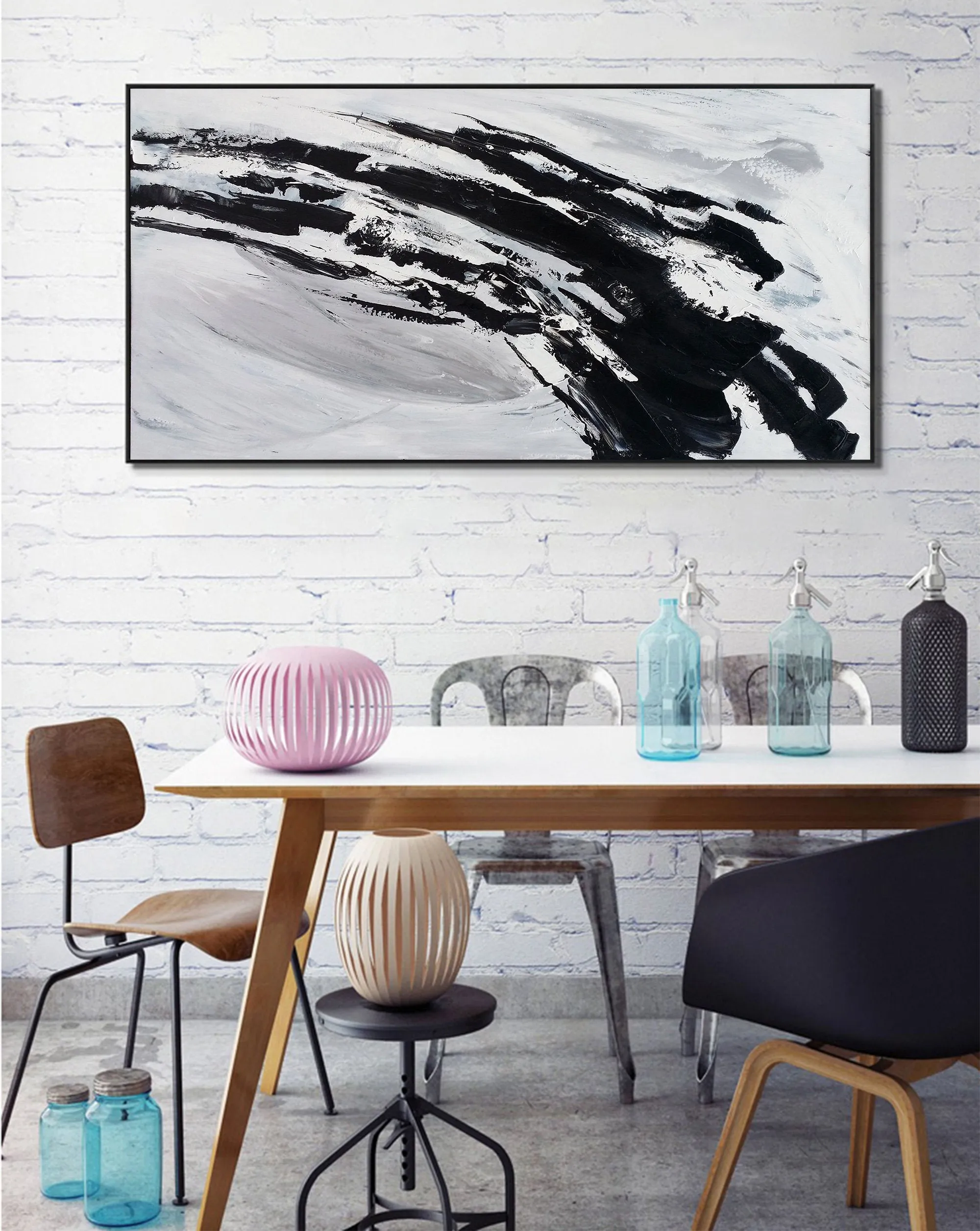 Black And White Canvas Art Abstract Minimalist Painting Op023