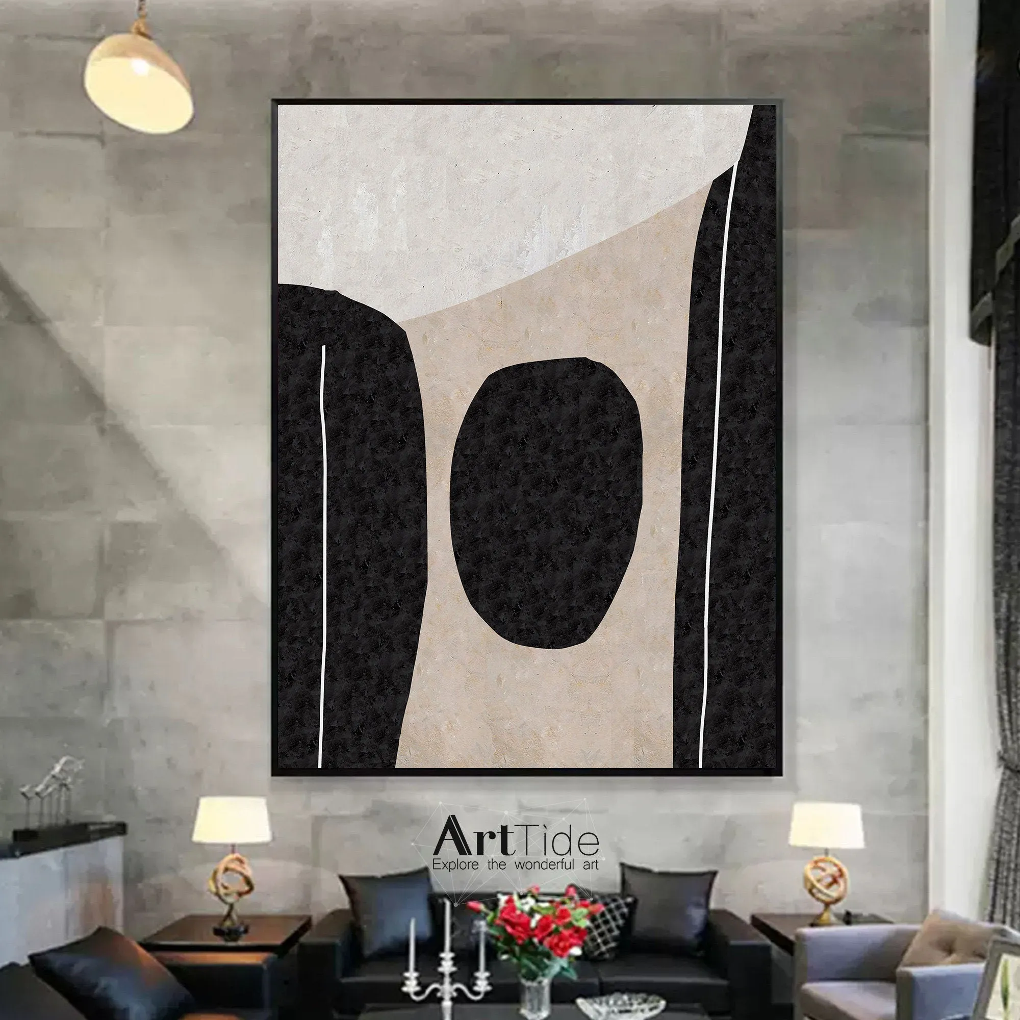 Black And White Minimalist Abstract Painting Beige Office Wall Art Qp100