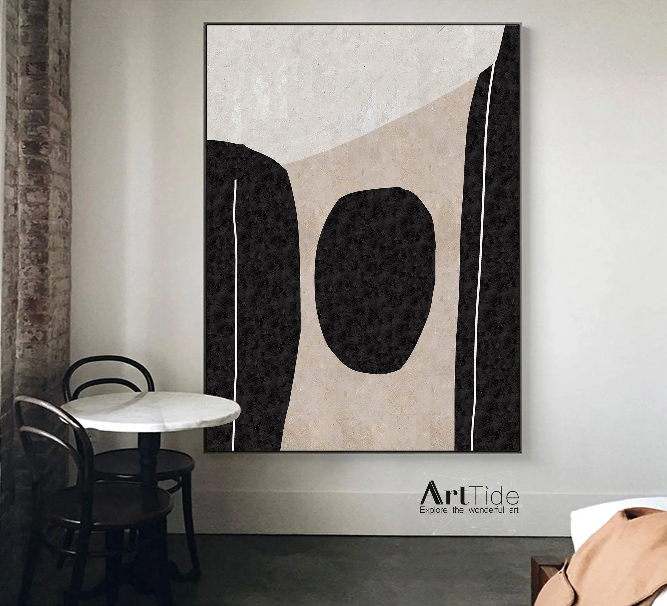 Black And White Minimalist Abstract Painting Beige Office Wall Art Qp100