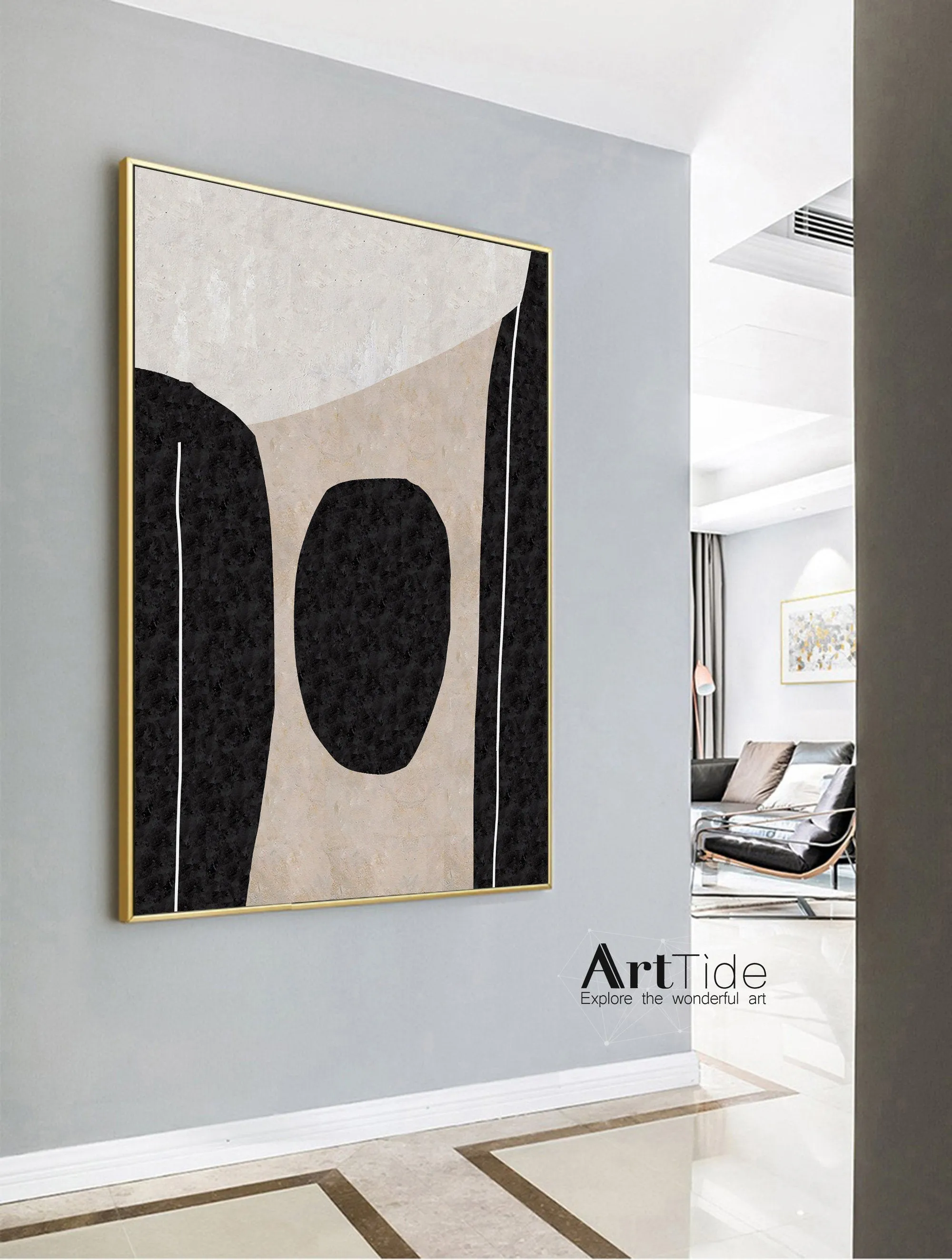 Black And White Minimalist Abstract Painting Beige Office Wall Art Qp100