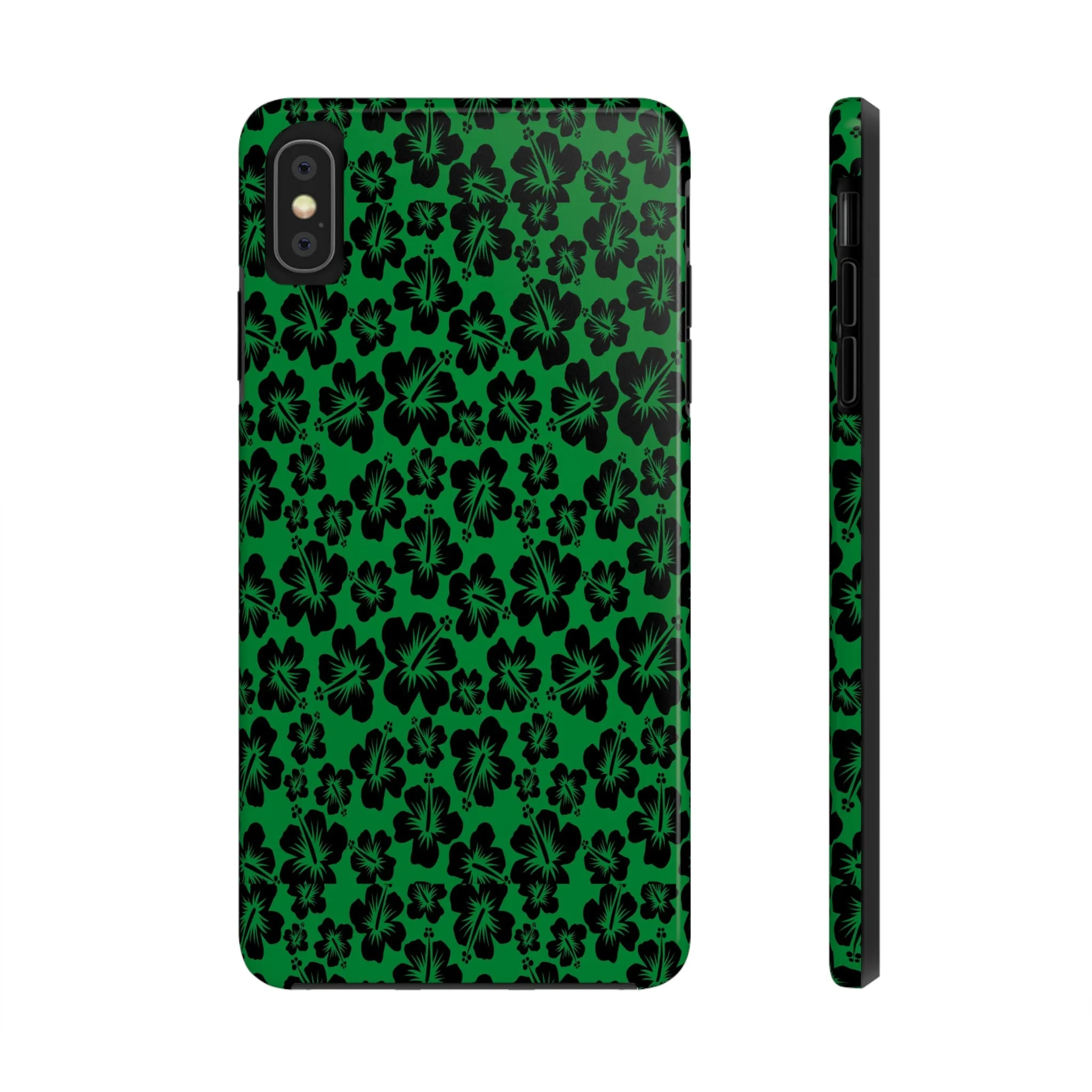 Black Hibiscus on Green iPhone Tough Phone Cases