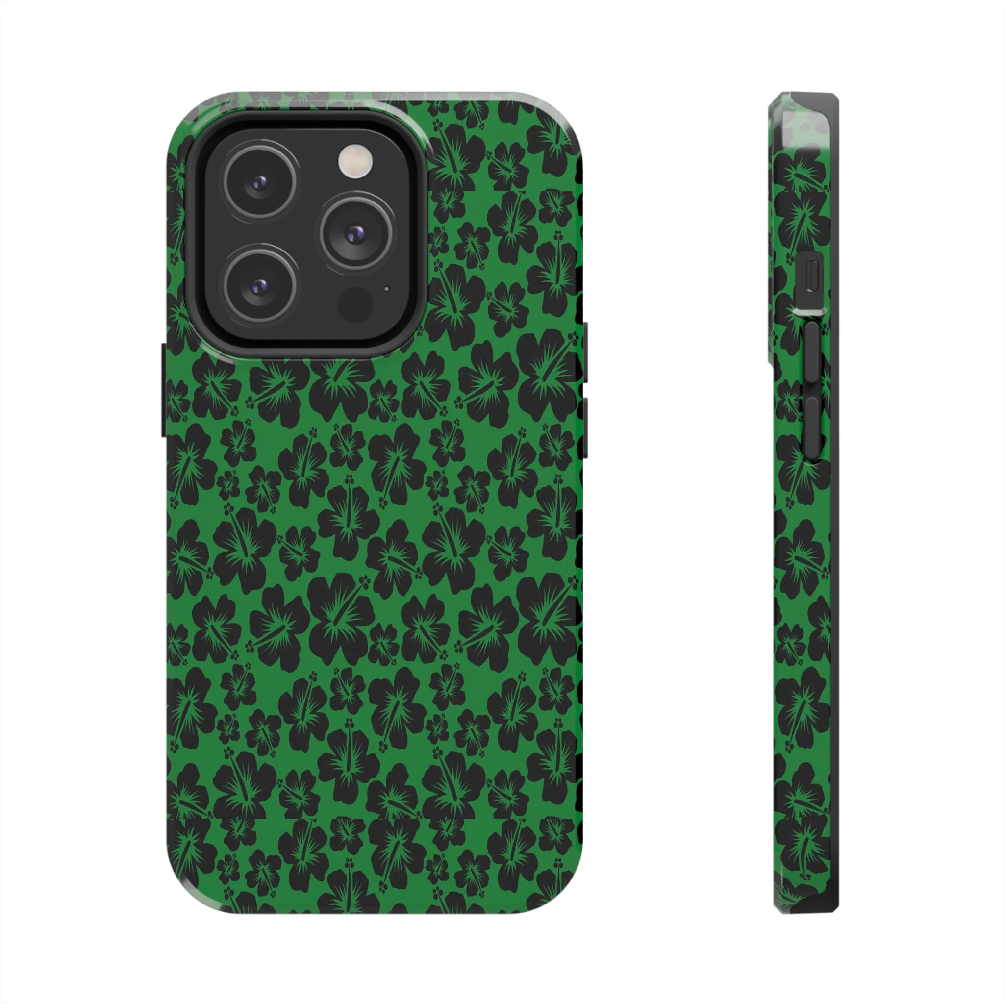 Black Hibiscus on Green iPhone Tough Phone Cases