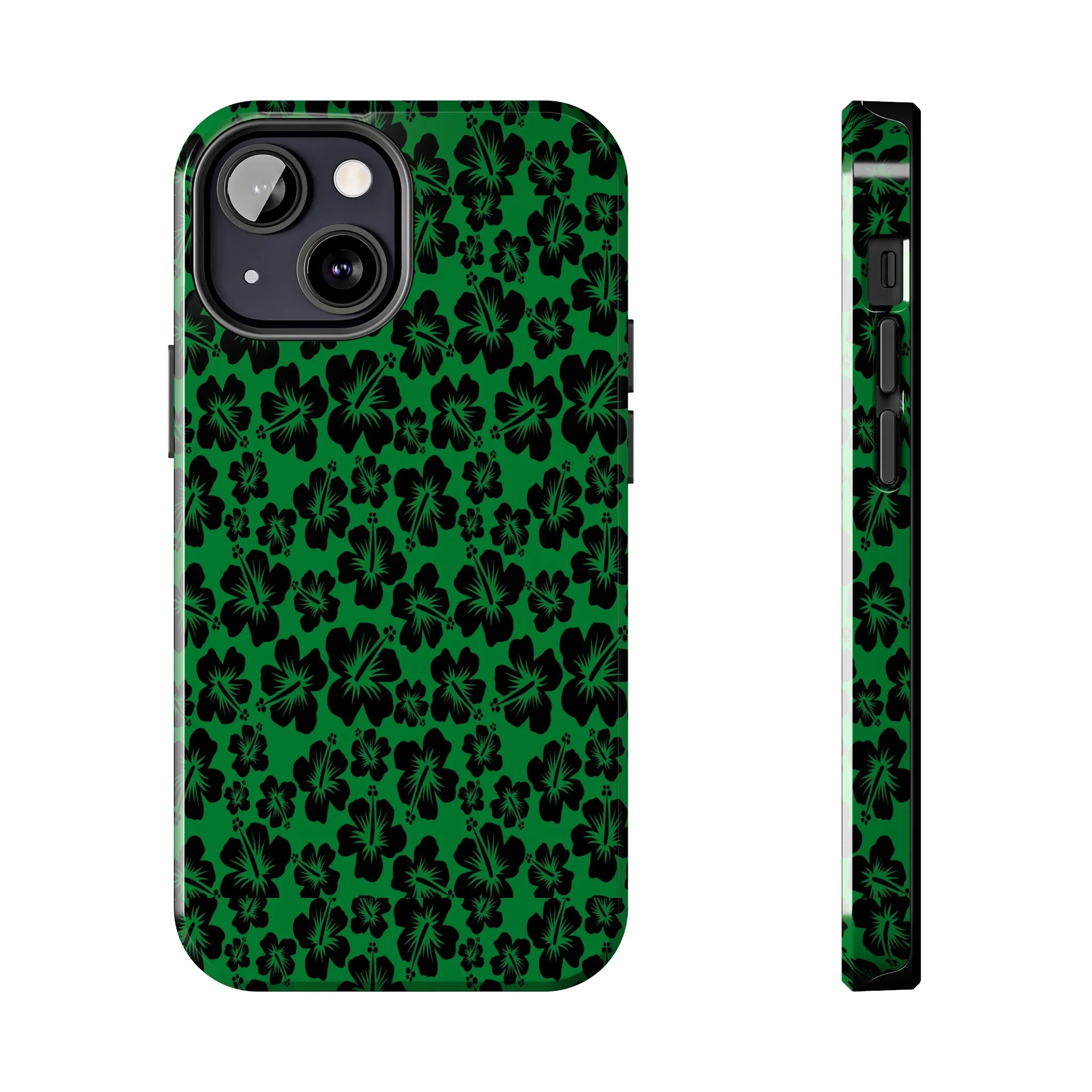 Black Hibiscus on Green iPhone Tough Phone Cases