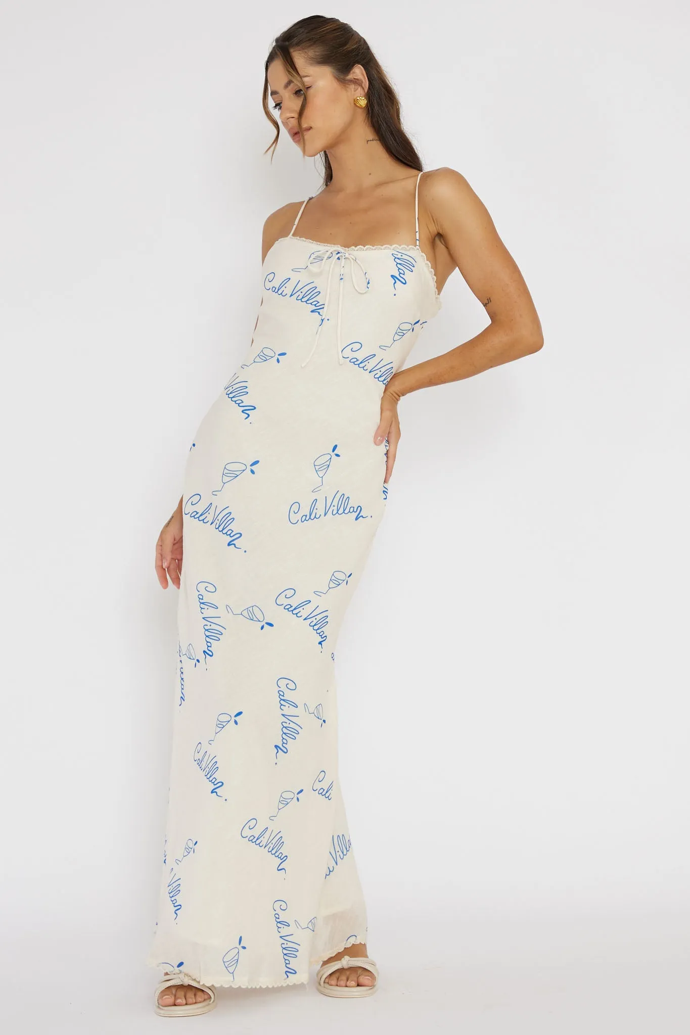 Cali Sunset Lace Trim Maxi Dress Print Blue