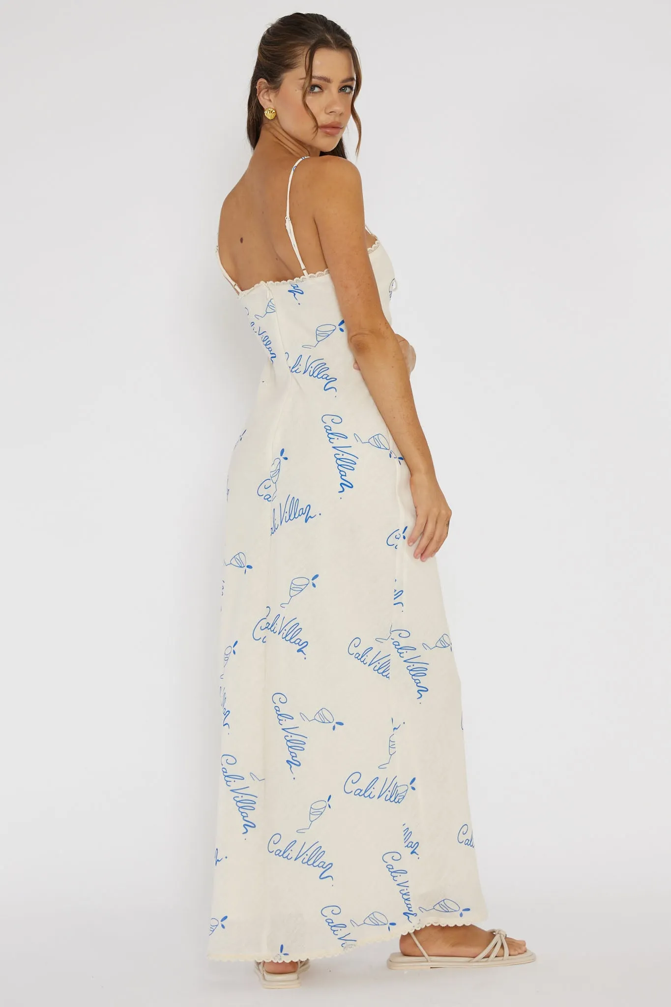 Cali Sunset Lace Trim Maxi Dress Print Blue