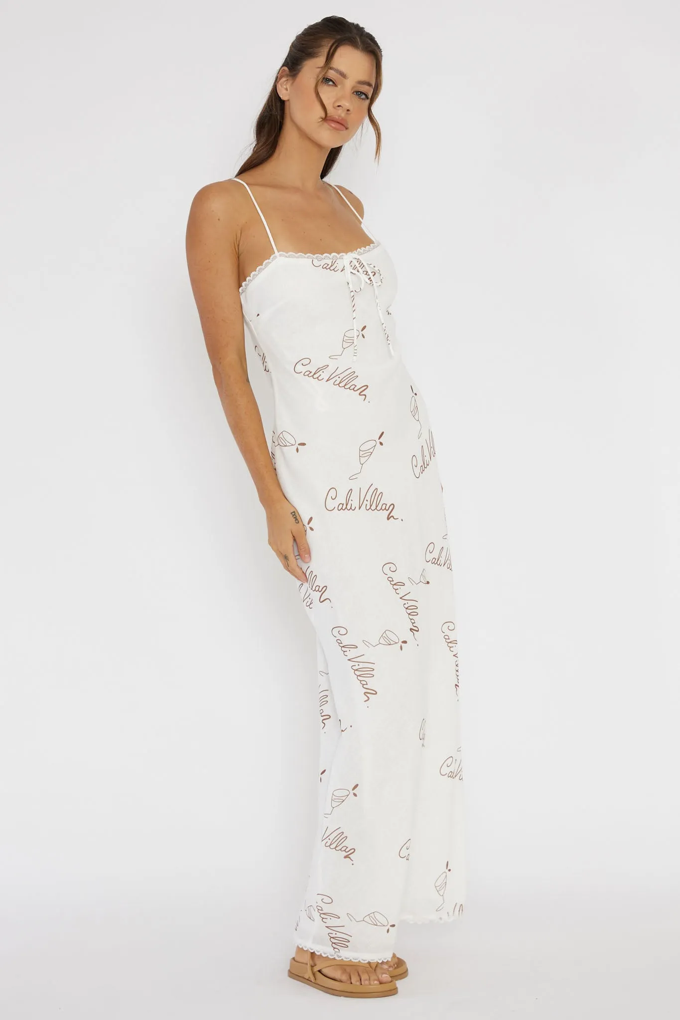 Cali Sunset Lace Trim Maxi Dress Print Tan