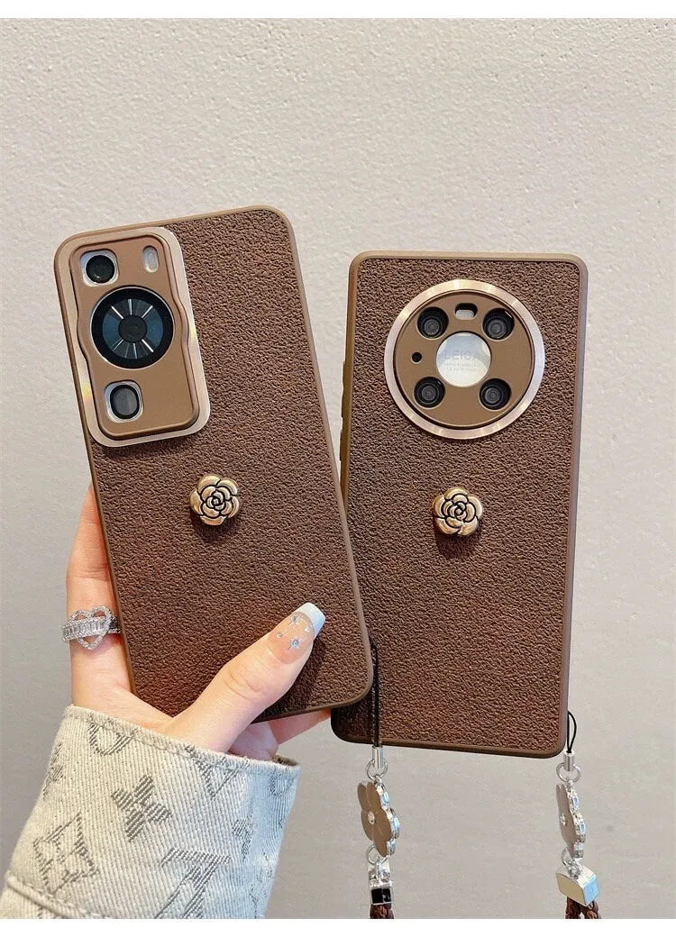 Cute Minimalist Brown Leather With a 3D Brown Flower Design Protective Phone Case with Rope Hand Strap for iPhone 11 12 13 14 Pro Max