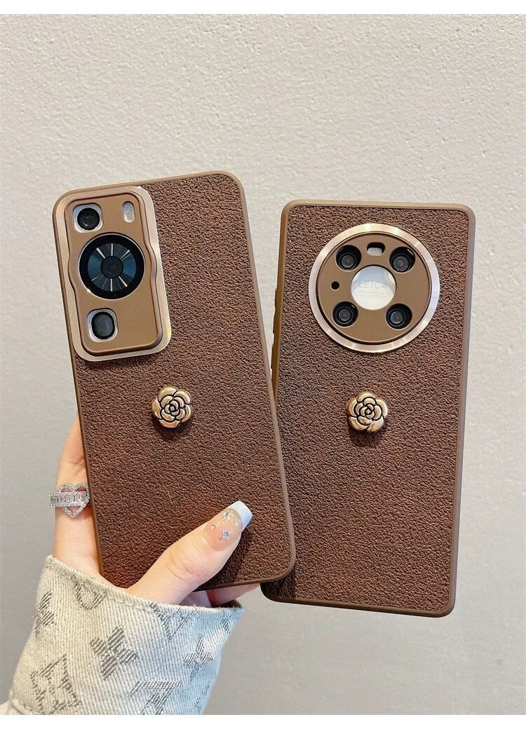 Cute Minimalist Brown Leather With a 3D Brown Flower Design Protective Phone Case with Rope Hand Strap for iPhone 11 12 13 14 Pro Max