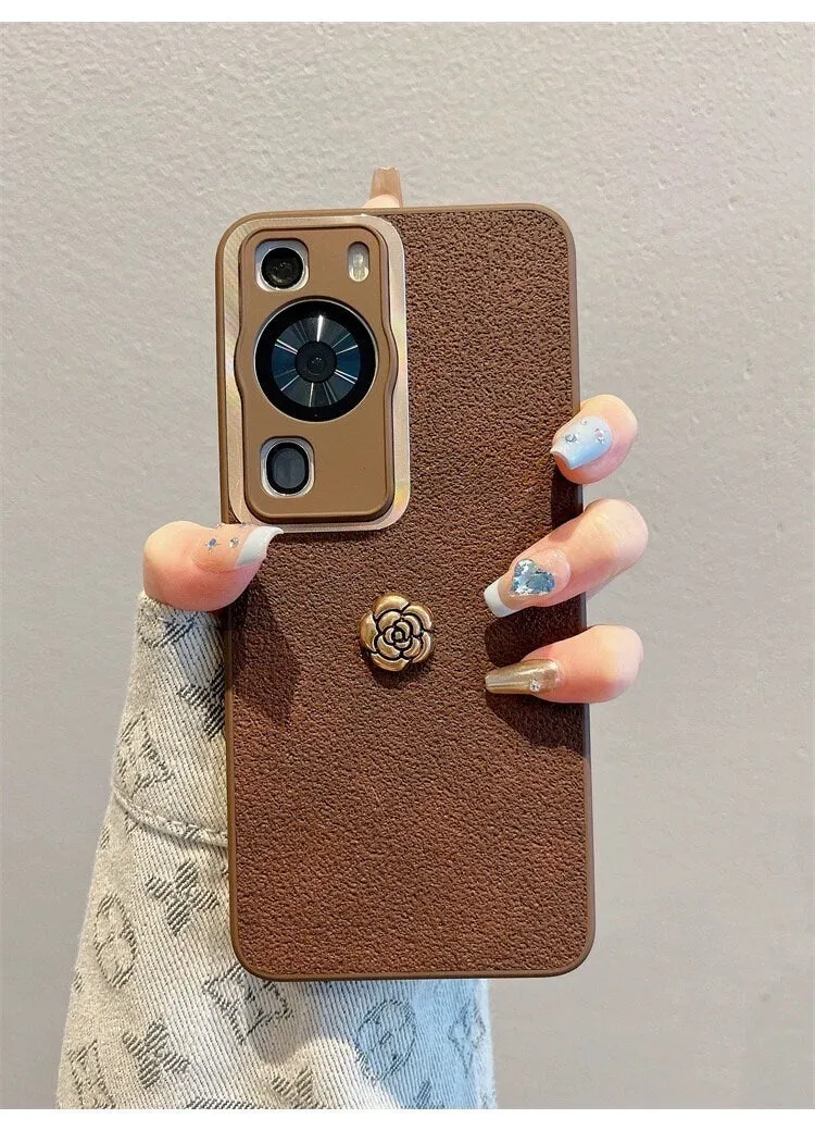 Cute Minimalist Brown Leather With a 3D Brown Flower Design Protective Phone Case with Rope Hand Strap for iPhone 11 12 13 14 Pro Max