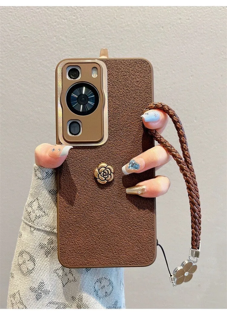 Cute Minimalist Brown Leather With a 3D Brown Flower Design Protective Phone Case with Rope Hand Strap for iPhone 11 12 13 14 Pro Max