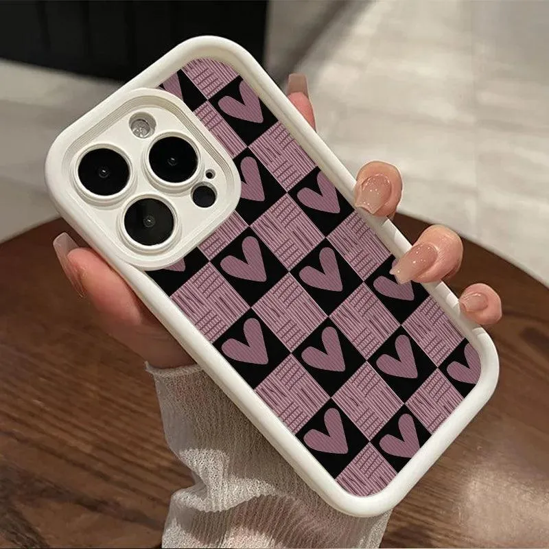 Cute Pink Heart Checkerboard Phone Case - Leather Cover for iPhone 15, 14, 13, 12, and 11 Pro Max