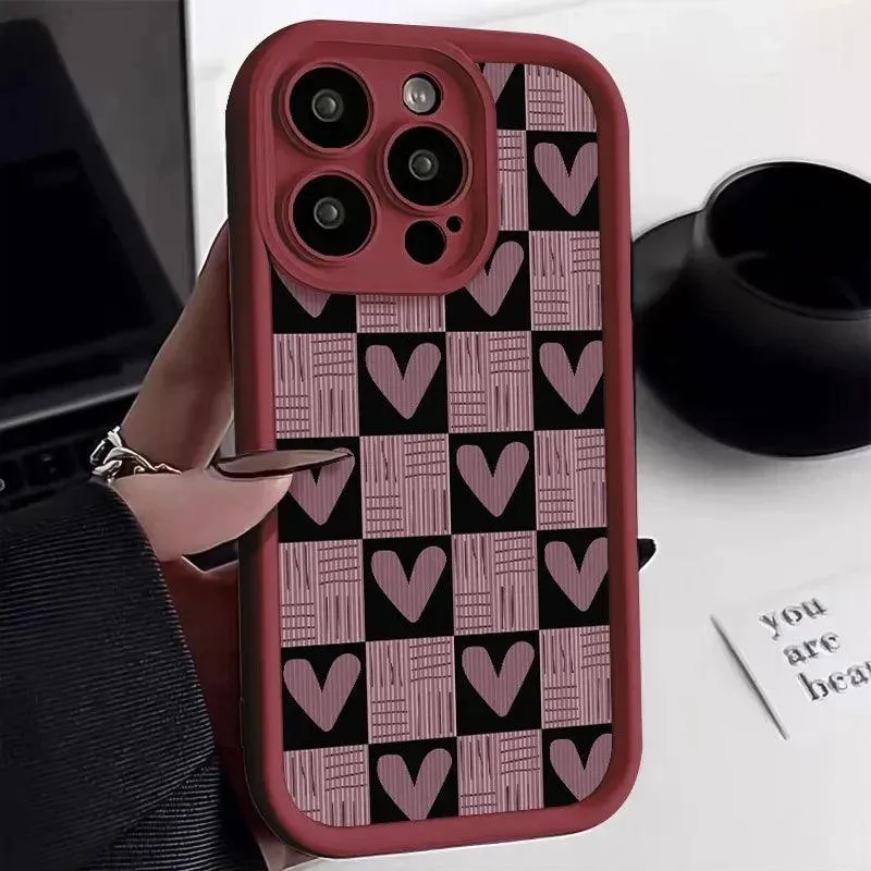 Cute Pink Heart Checkerboard Phone Case - Leather Cover for iPhone 15, 14, 13, 12, and 11 Pro Max