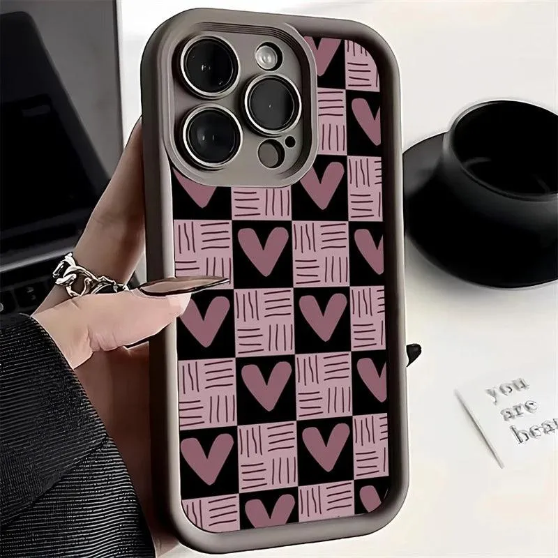 Cute Pink Heart Checkerboard Phone Case - Leather Cover for iPhone 15, 14, 13, 12, and 11 Pro Max