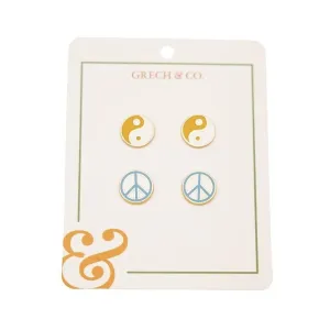 Enamel Earring-Kids set of 2 pairs - Ying Yang Peace sign