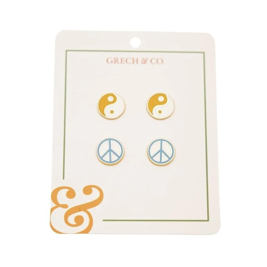 Enamel Earring-Kids set of 2 pairs - Ying Yang Peace sign