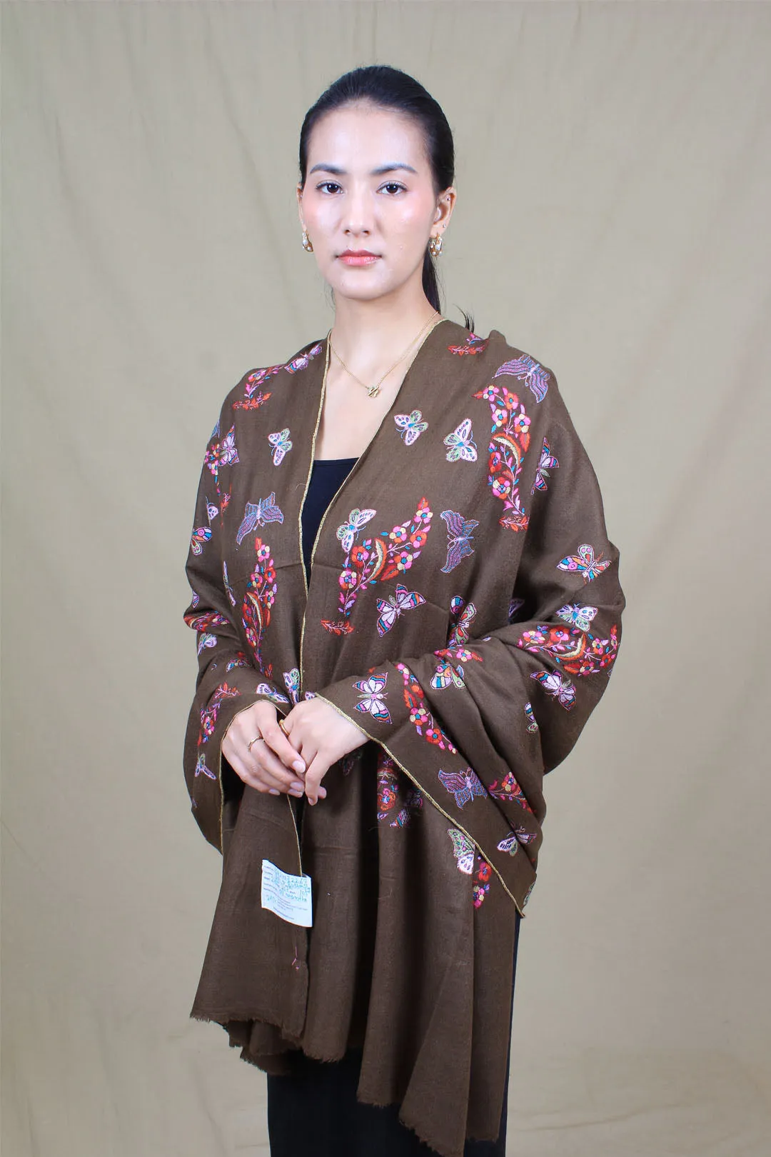 Fari'ah Dark Taupe Buti & Butterlies Embroidered Pashmina Shawl