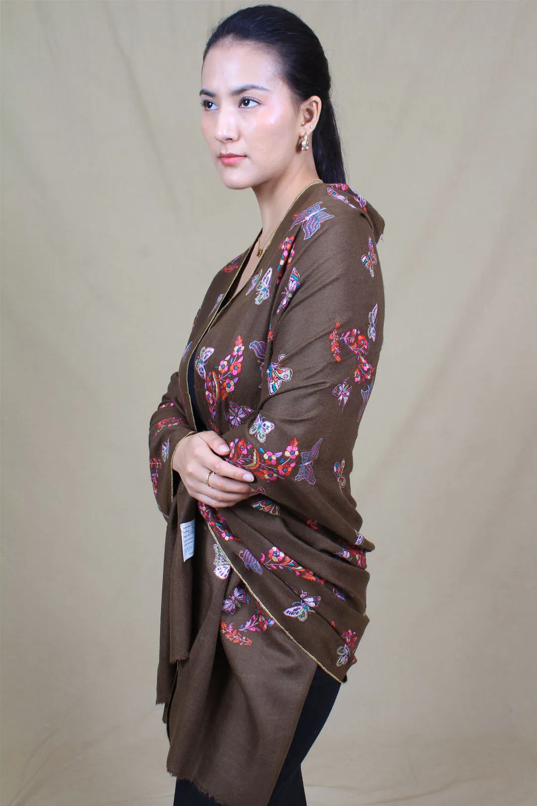 Fari'ah Dark Taupe Buti & Butterlies Embroidered Pashmina Shawl