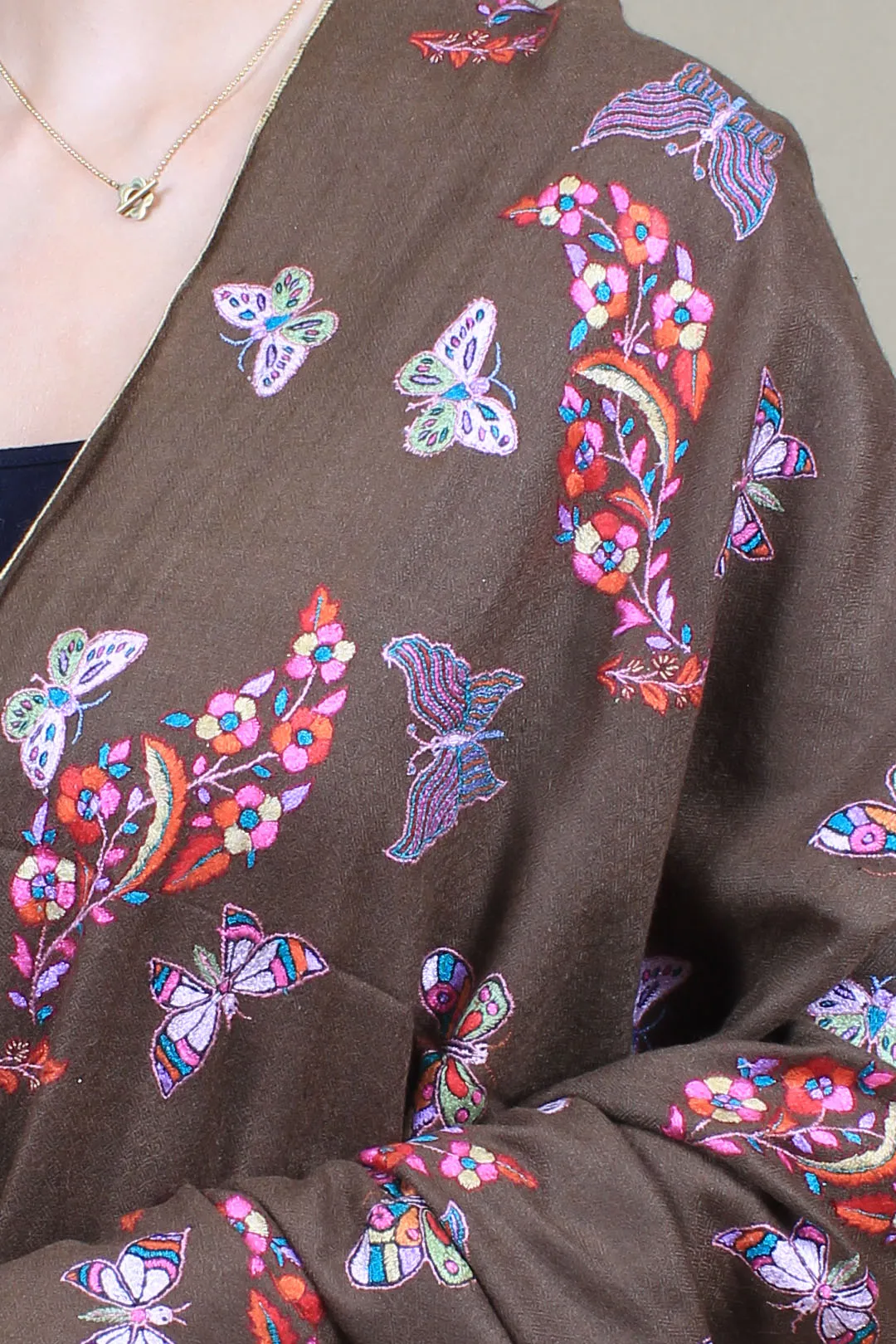 Fari'ah Dark Taupe Buti & Butterlies Embroidered Pashmina Shawl