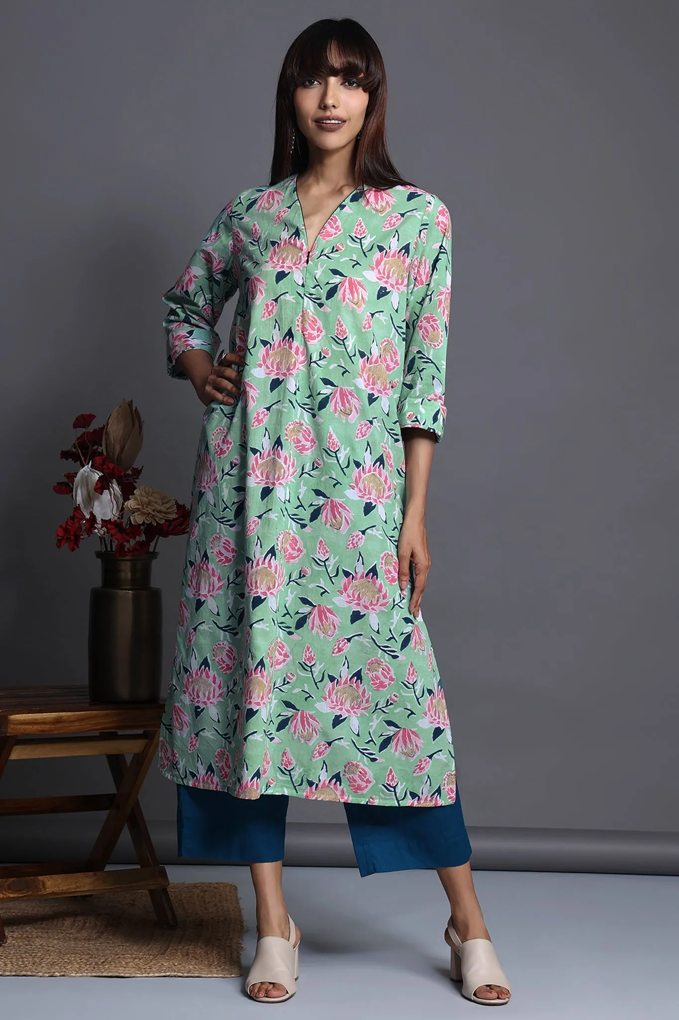 front zipper a-line kurta - serene ocean & aqua rose