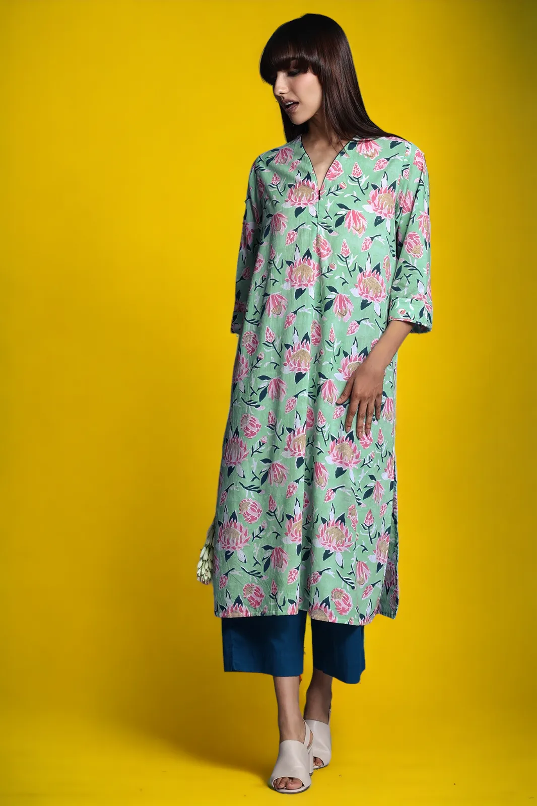 front zipper a-line kurta - serene ocean & aqua rose