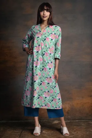 front zipper a-line kurta - serene ocean & aqua rose