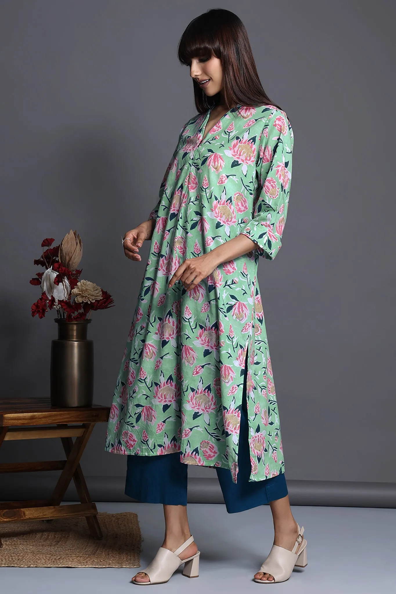 front zipper a-line kurta - serene ocean & aqua rose