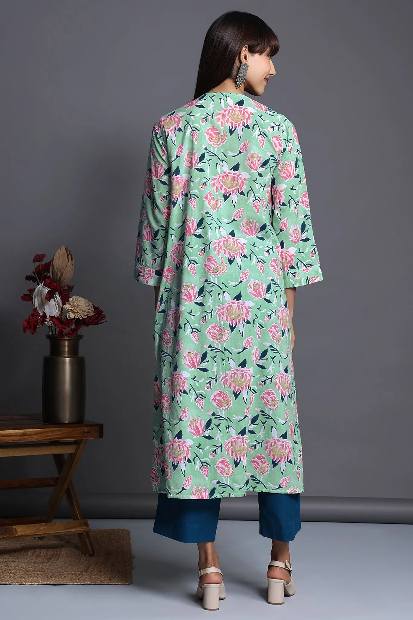 front zipper a-line kurta - serene ocean & aqua rose