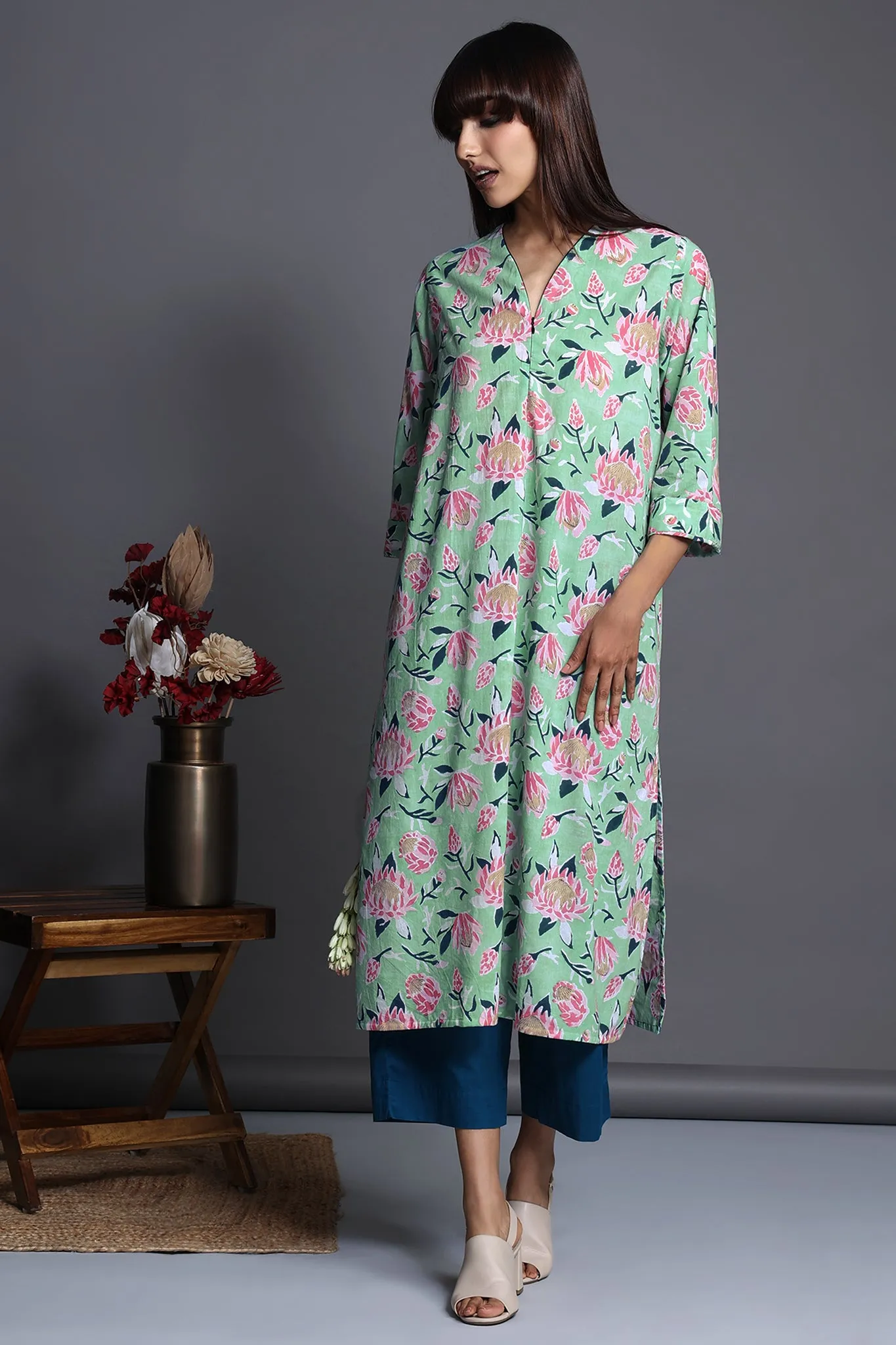 front zipper a-line kurta - serene ocean & aqua rose