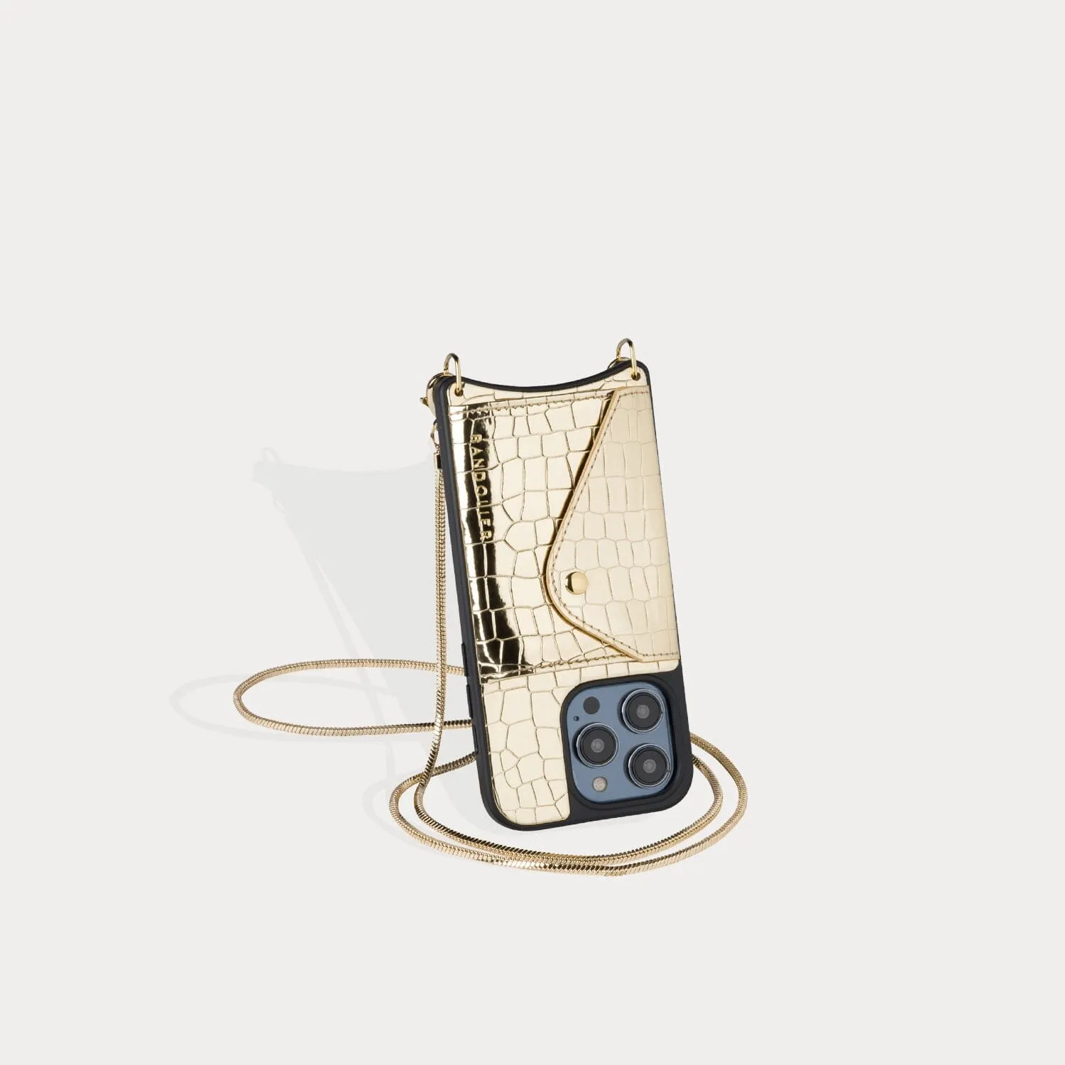 Gia Side Slot Crossbody Bandolier - Croc Metallic Gold/Gold