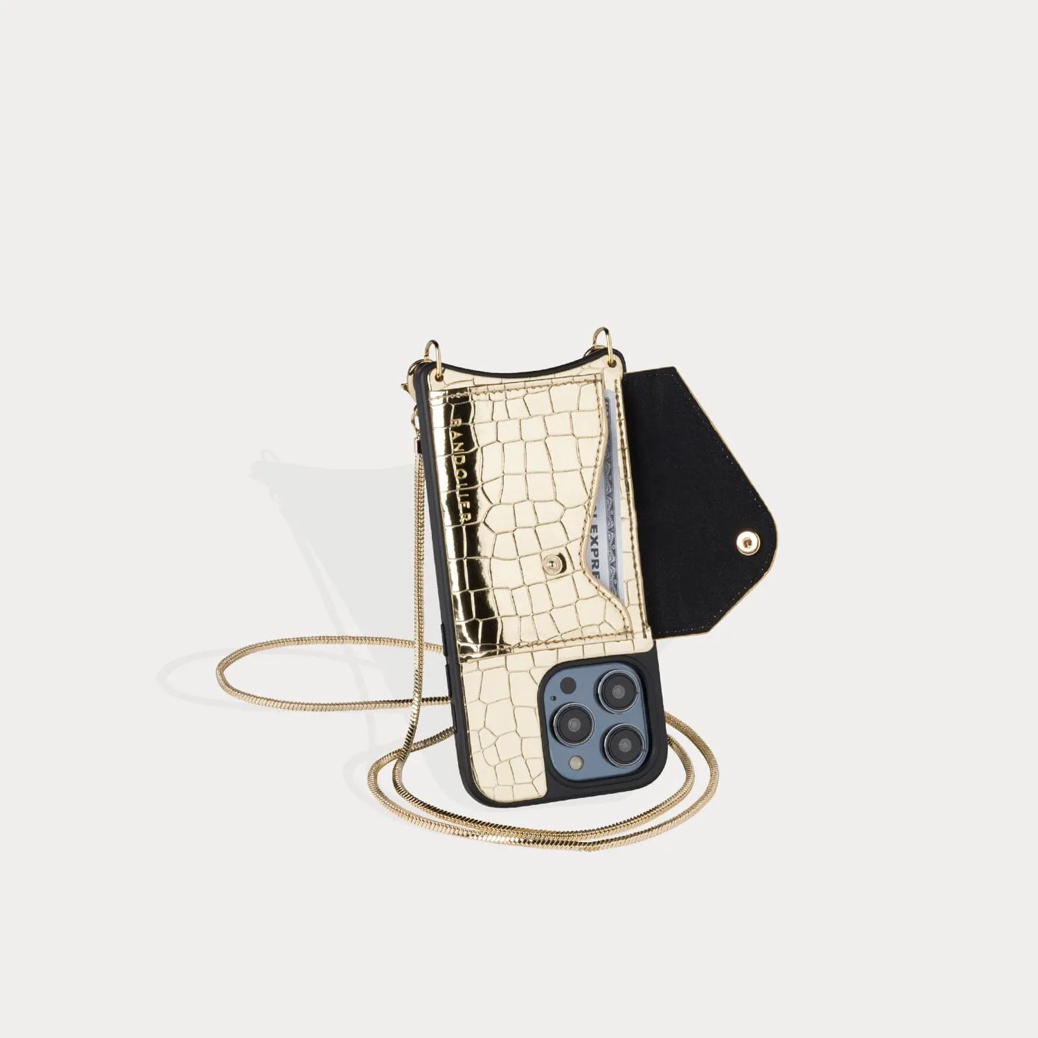 Gia Side Slot Crossbody Bandolier - Croc Metallic Gold/Gold