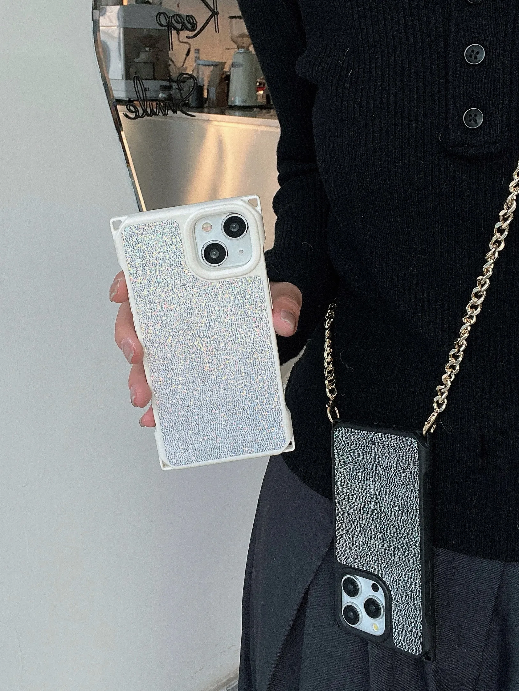 Holographic Leather Finsh iPhone Case With Sling Chain