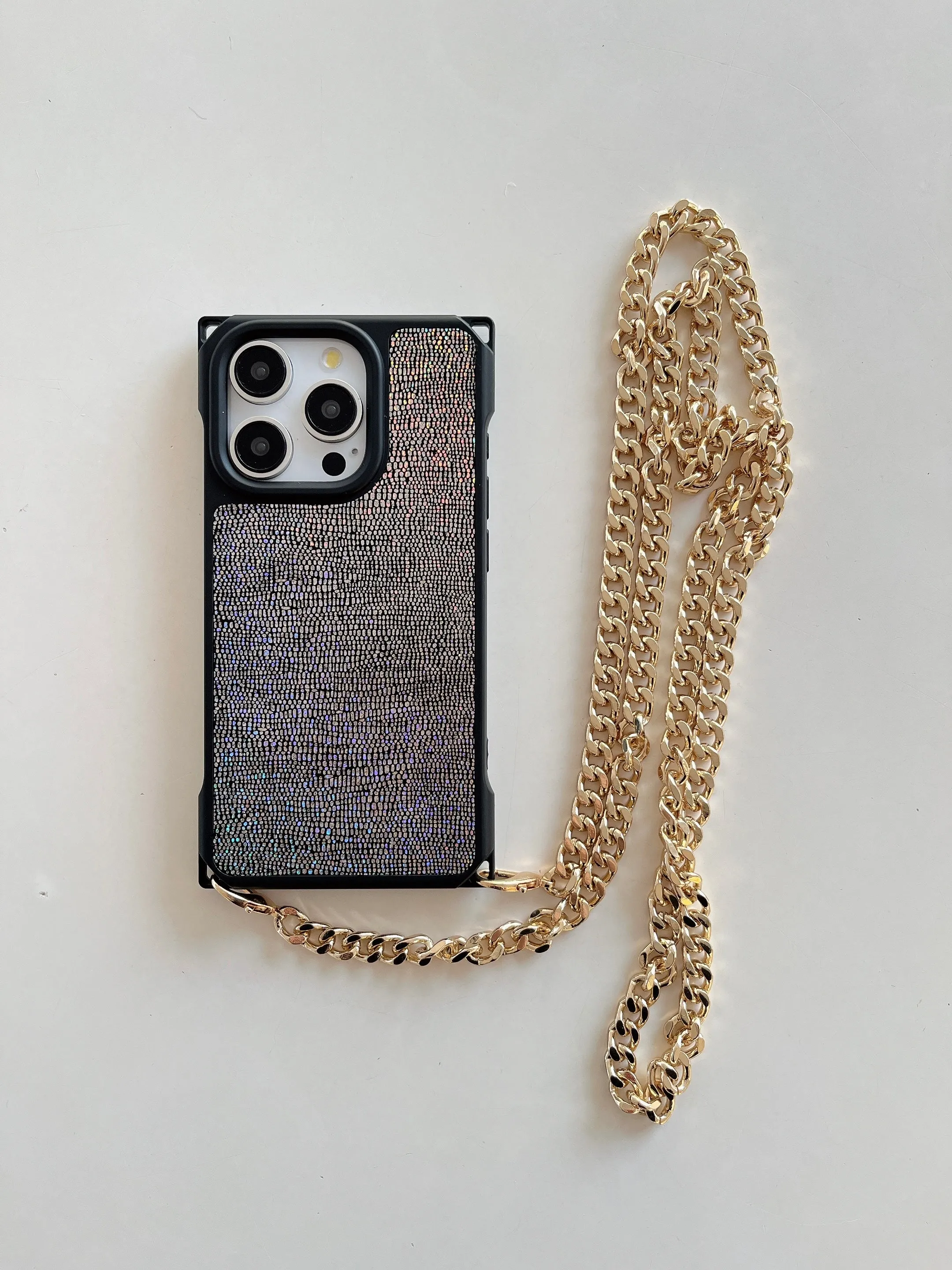 Holographic Leather Finsh iPhone Case With Sling Chain