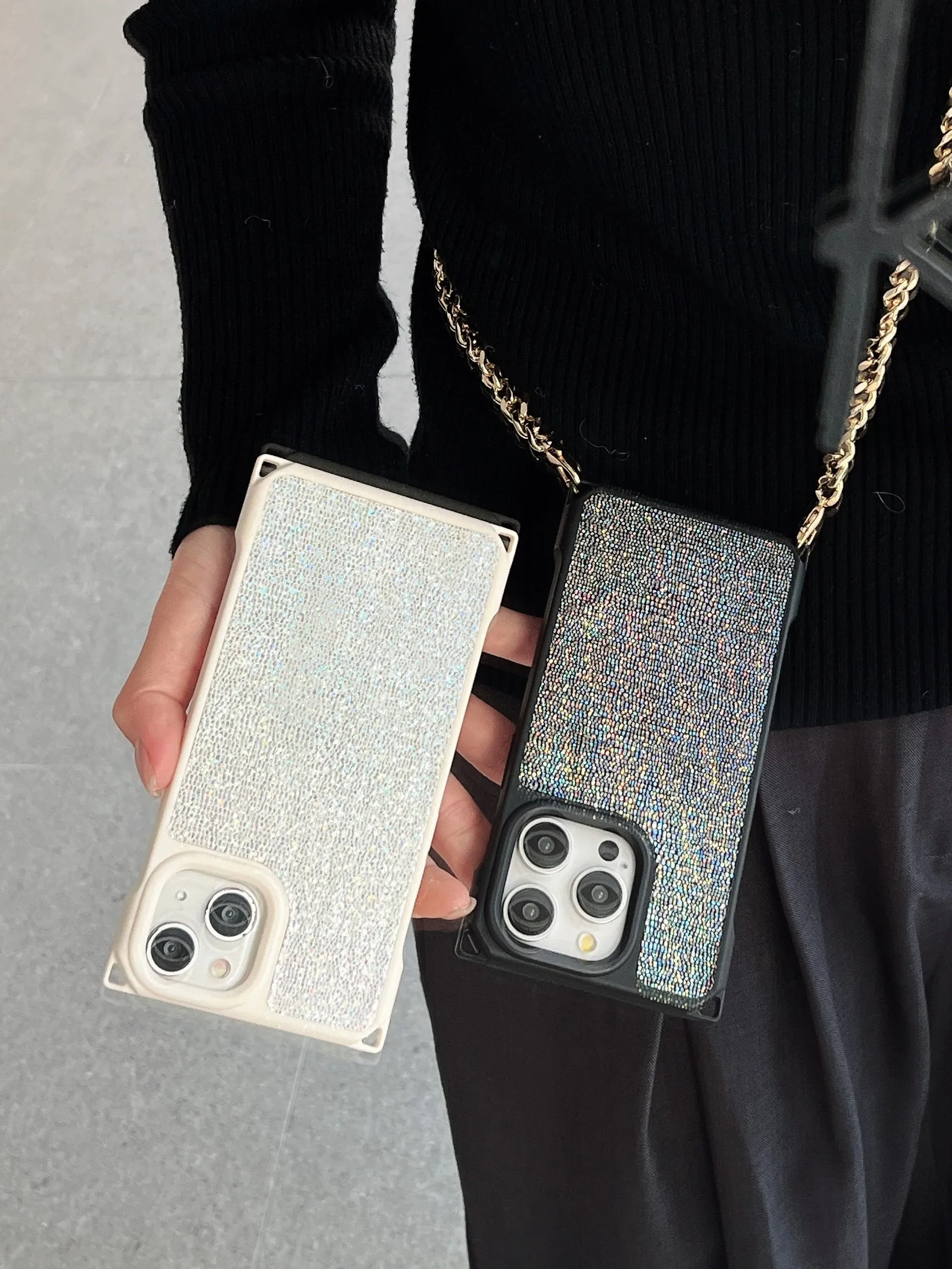 Holographic Leather Finsh iPhone Case With Sling Chain