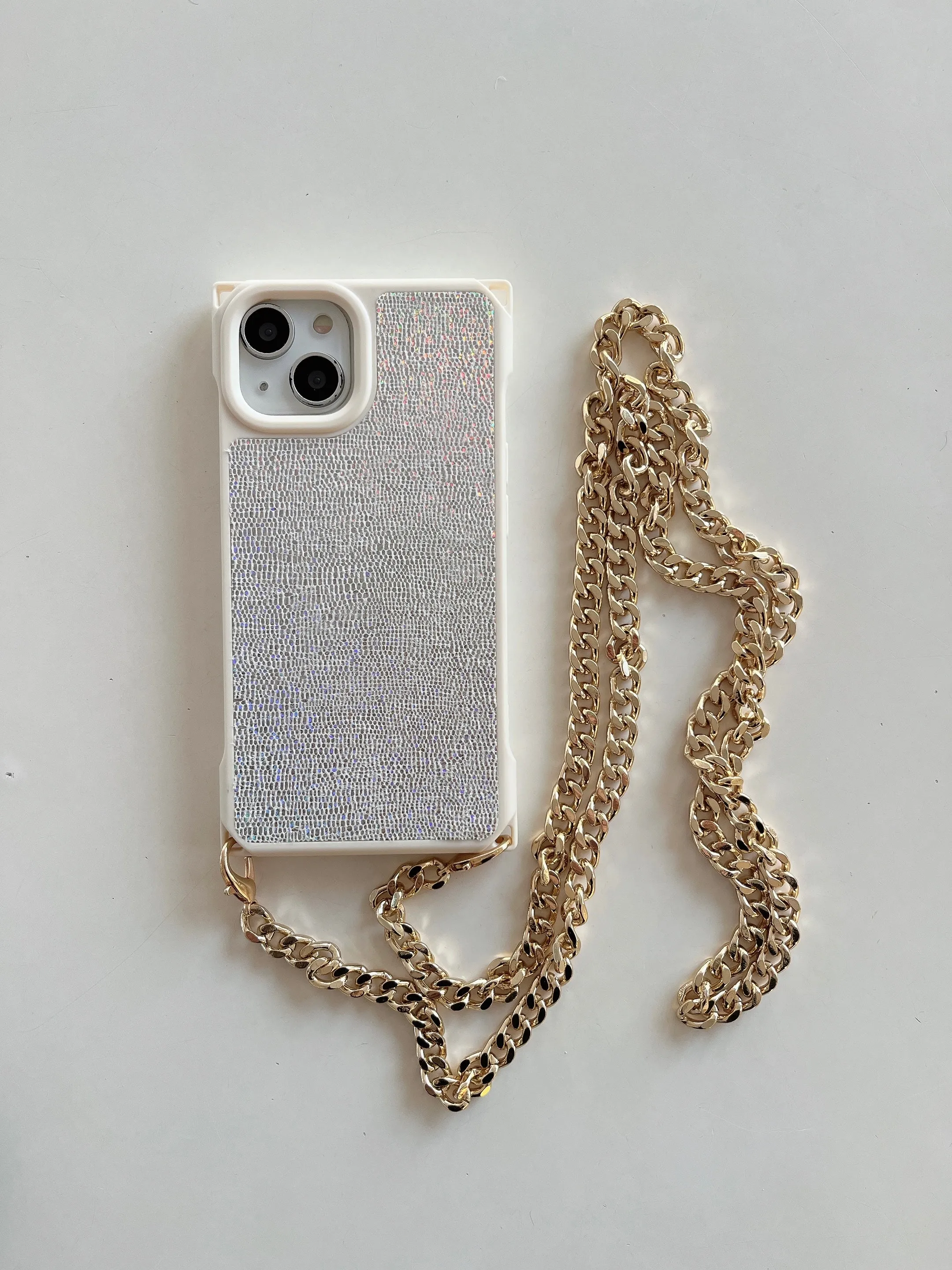 Holographic Leather Finsh iPhone Case With Sling Chain