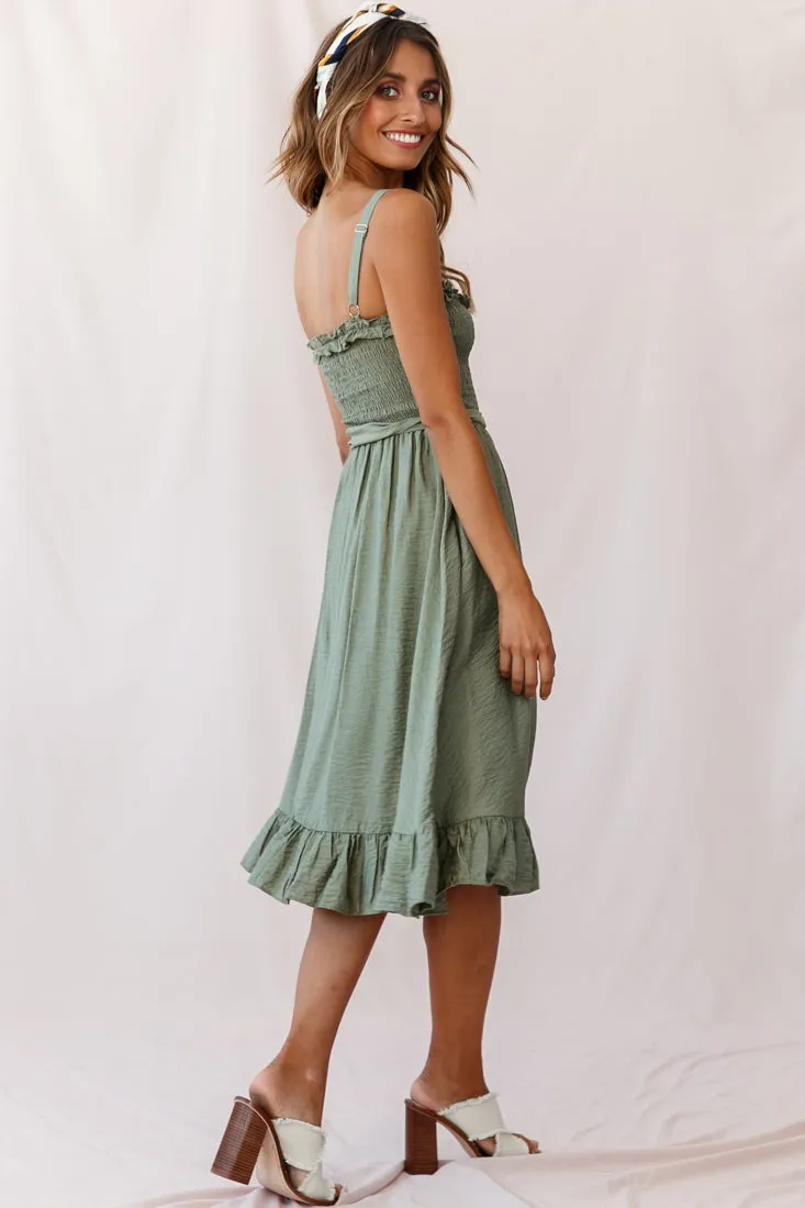 Honey Shirred Frill Midi Dress Olive