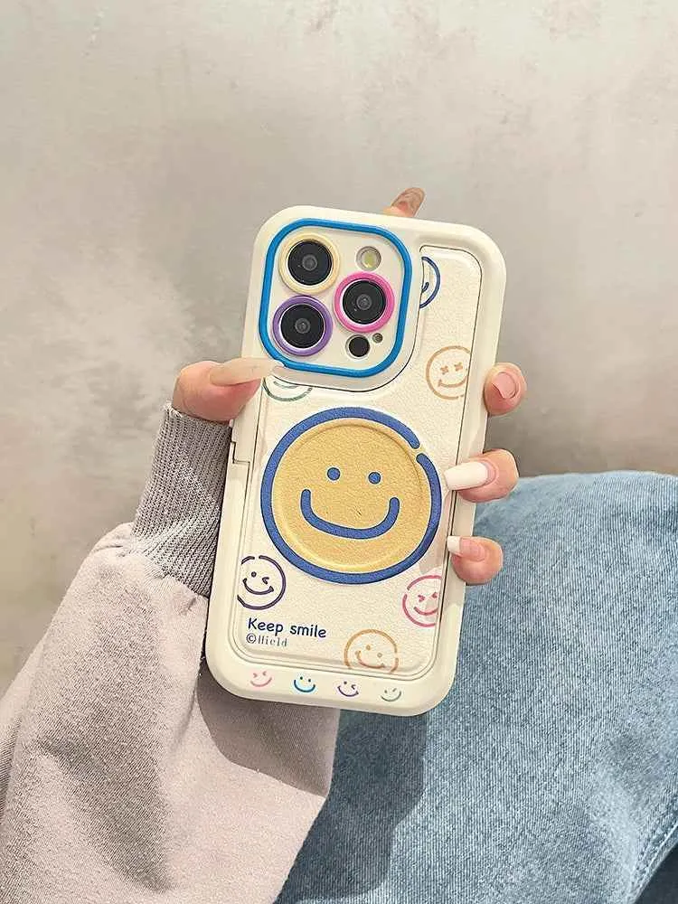 Invisible Bracket Cartoon Smile Leather Cute Phone Case for iPhone 11-15 Pro Max Plus