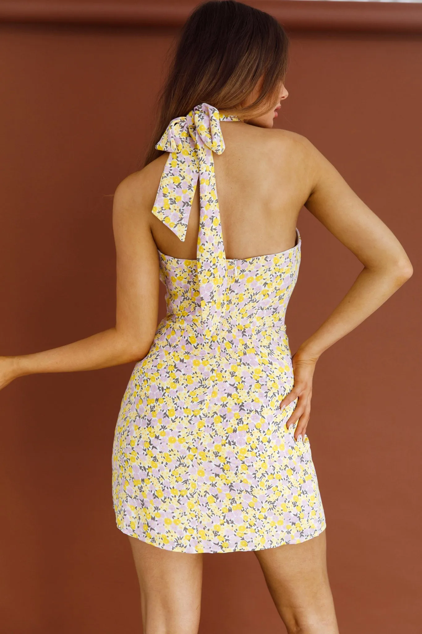 Ride Or Die Halterneck Mini Dress Floral Yellow