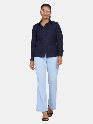 Sky Blue Bell Bottom Stretch Trousers For Women