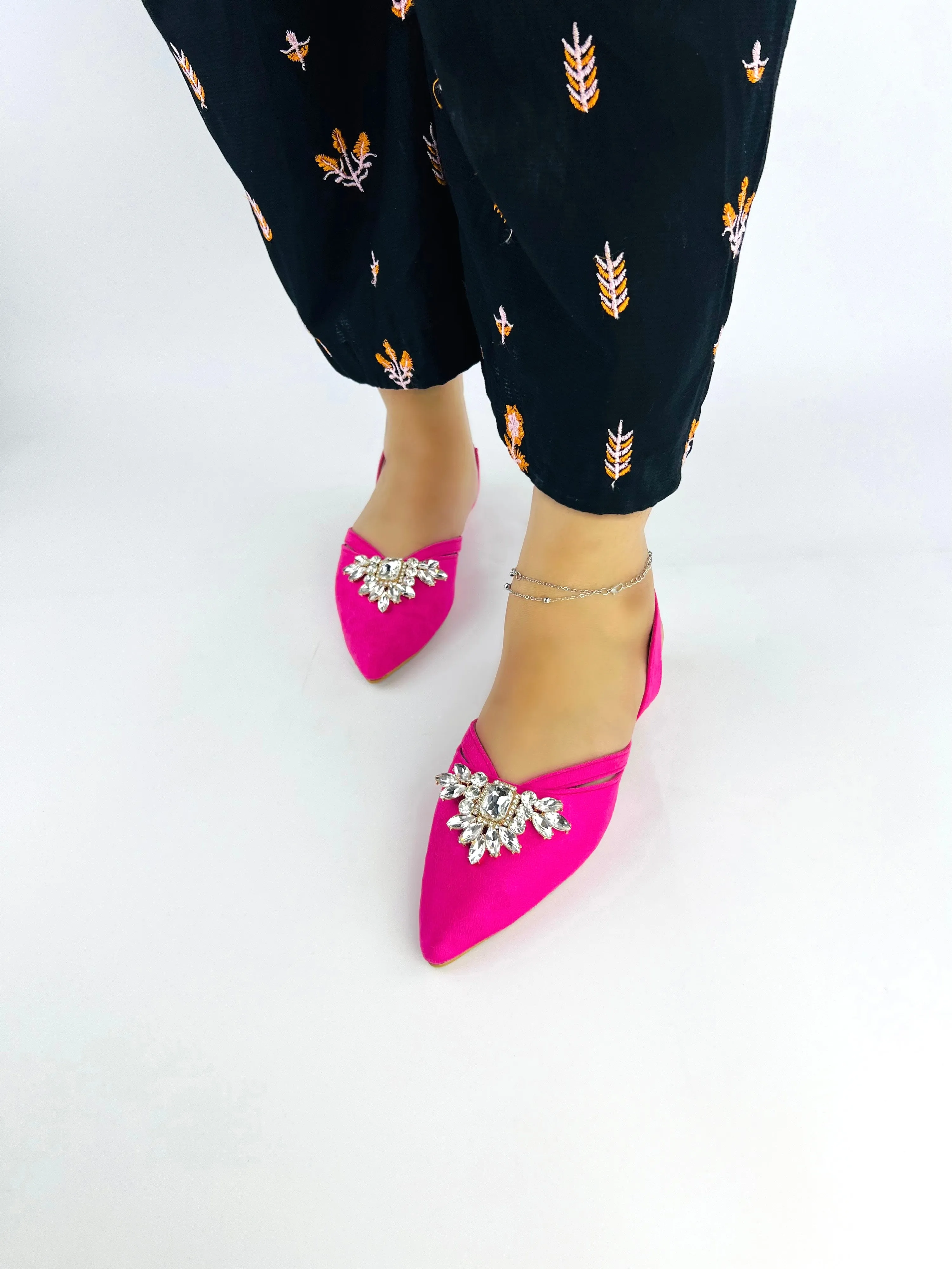 Spunkz Rhinestone Jewelled Pink Point Toe Slingback Flats for Women