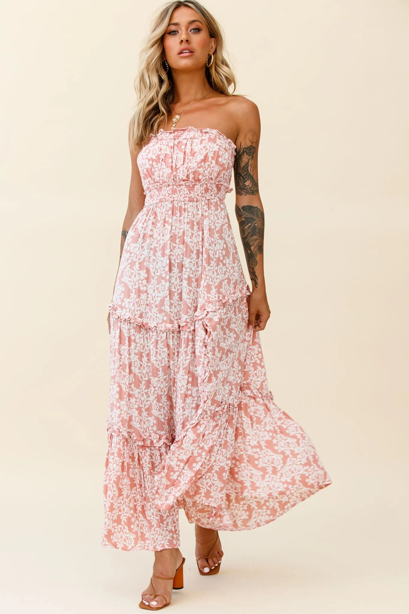 Take Me Away Strapless Maxi Dress Floral Print Blush