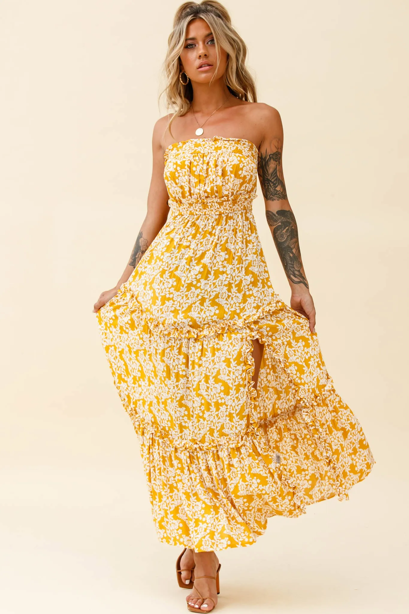 Take Me Away Strapless Maxi Dress Floral Print Mustard