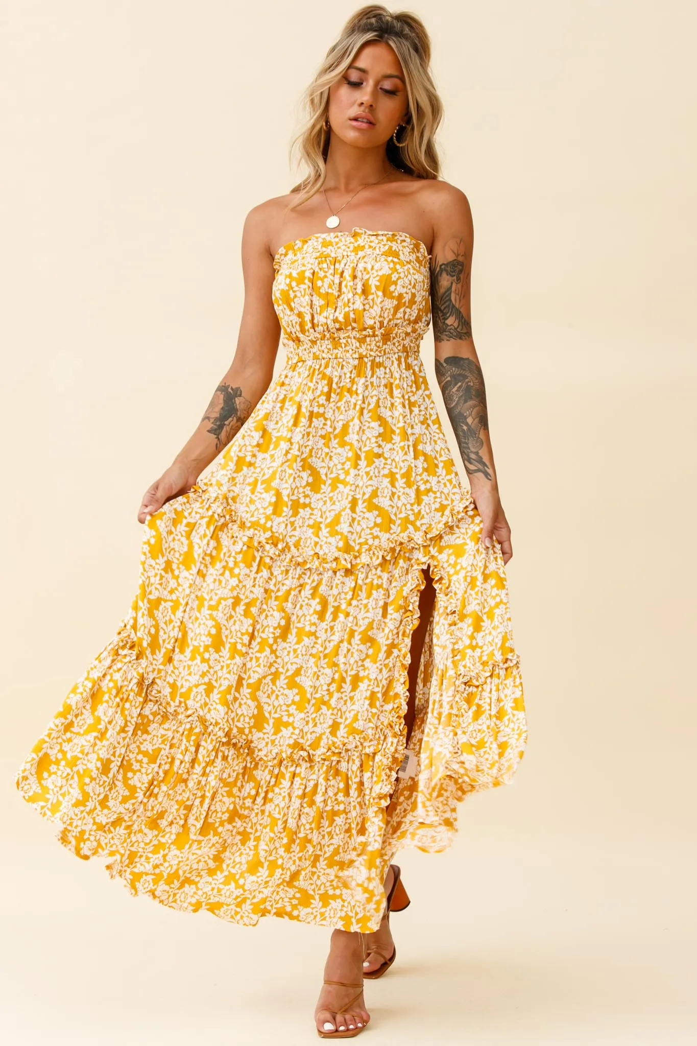 Take Me Away Strapless Maxi Dress Floral Print Mustard