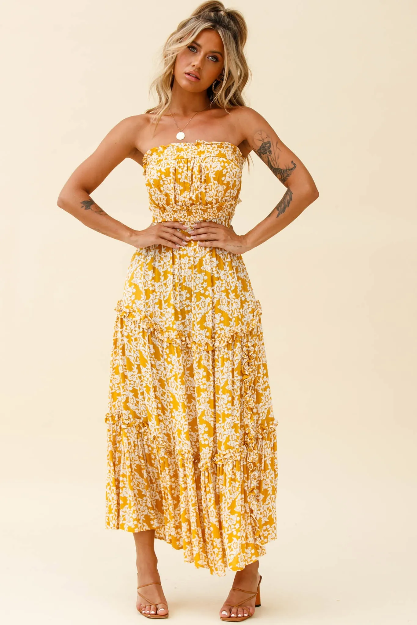 Take Me Away Strapless Maxi Dress Floral Print Mustard