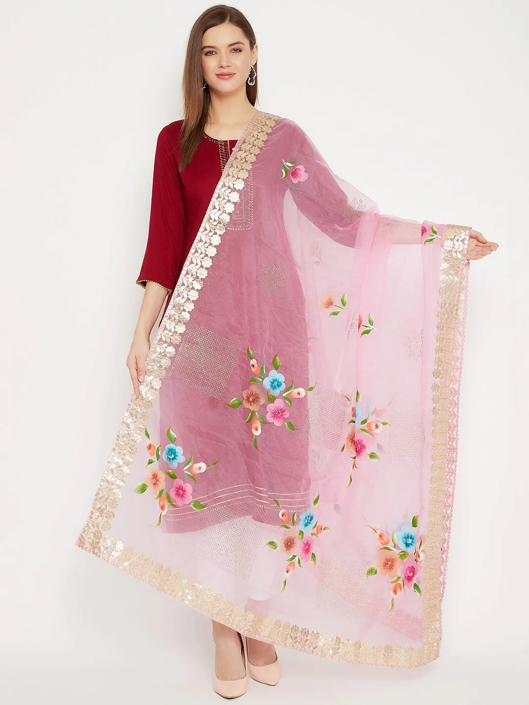 Women Baby Pink Printed Organza Dupatta