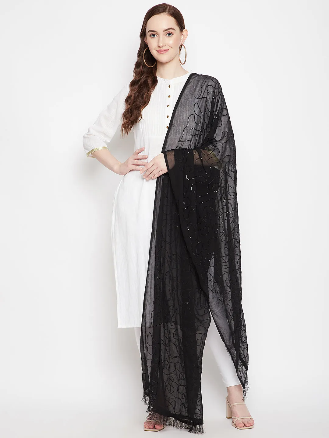 Women Black Embellished Chiffon Dupatta