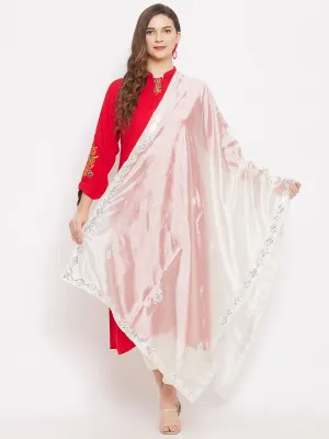 Women Cream Mirror Work Silk Dupatta