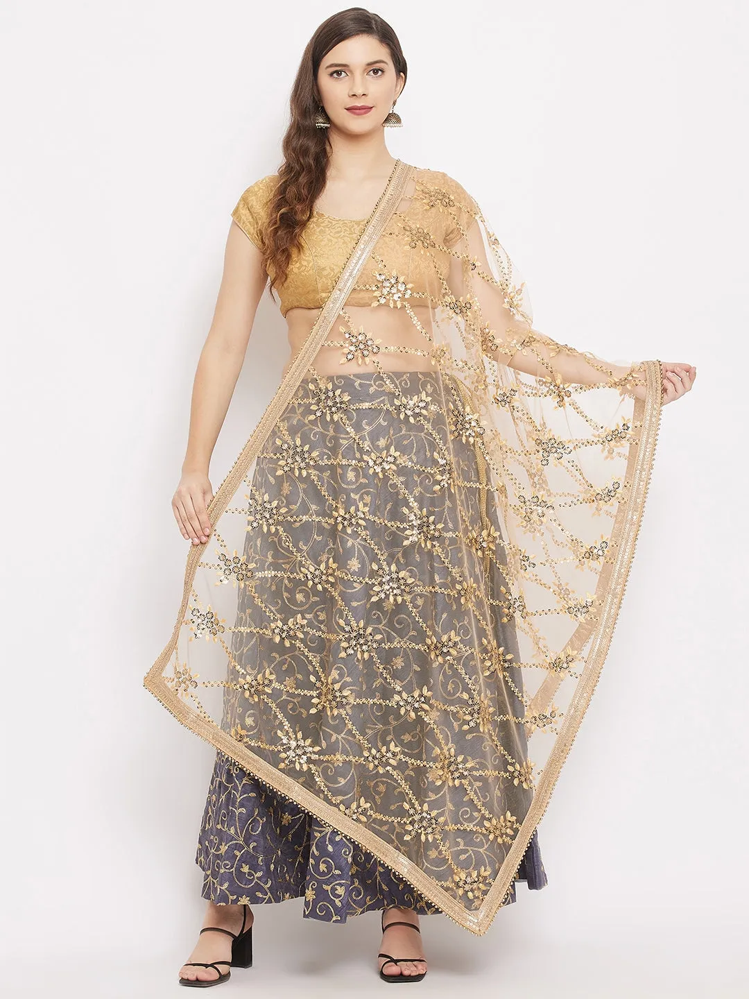 Women Golden Embroidered Net Dupatta With Sequined