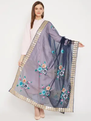 Women Navy Blue Printed Organza Dupatta